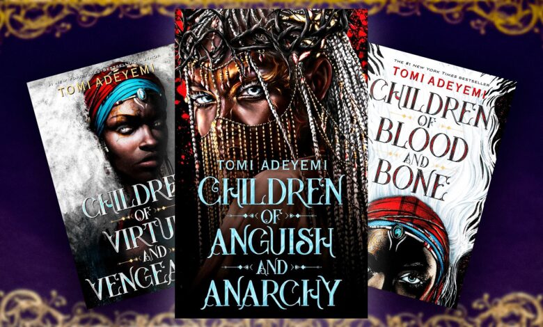 book cover of children of anguish and anarchy in front of the book covers of children of blood and bone and children of virtue and vengeance v2