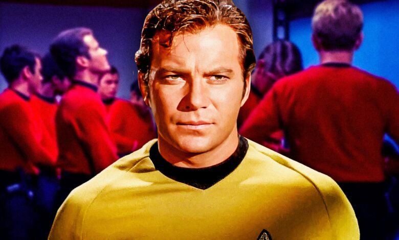 captain kirk shatner and officers wearing red shirts