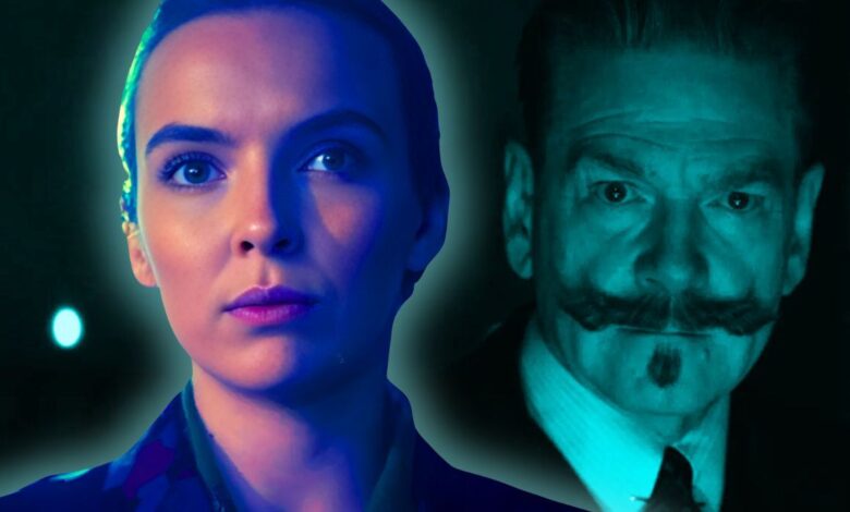 jodie comer as villanelle looking serious in killing eve and kenneth branagh as hercule poirot looking grave in a haunting in venice