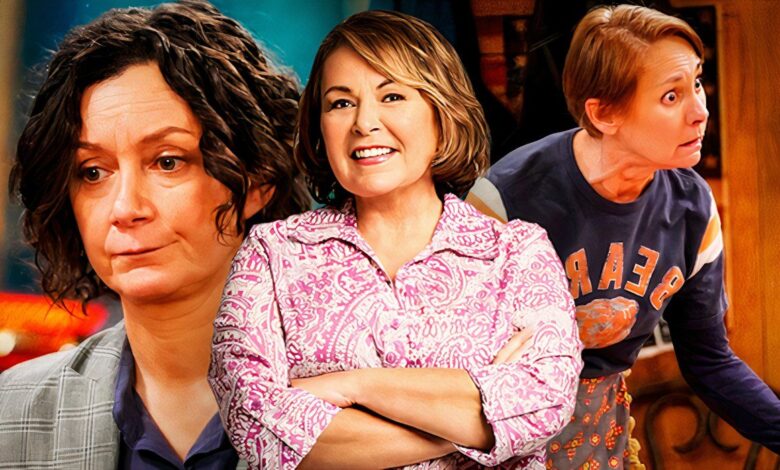 roseanne barr s roseanne beside laurie metcalf s jackie and sara gilbert s darlene from the conners