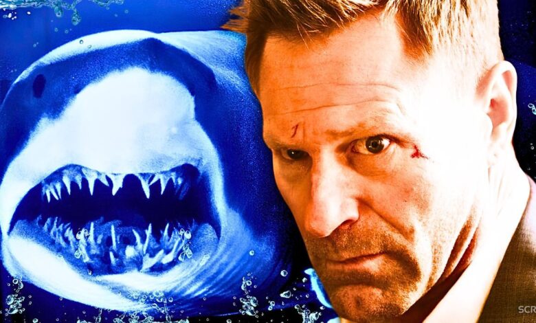 aaron eckhart from the bricklayer with a shark from 1999 deep blue sea