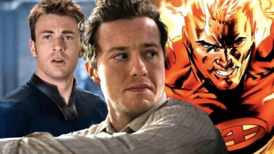 chris evans as scott looking shocked and joseph quinn looking at human torch comic in fantastic four header