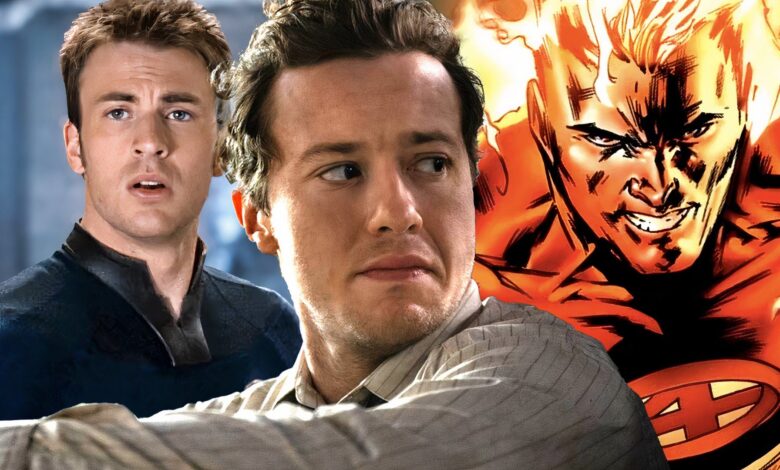chris evans as scott looking shocked and joseph quinn looking at human torch comic in fantastic four header