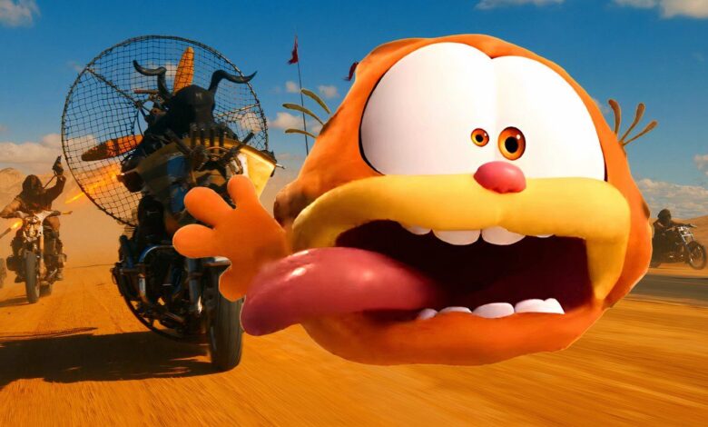 garfield flying through the air in front of dementus army from furiosa
