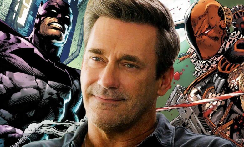jon hamm in the morning show and batman deathstroke from dc comics at each side
