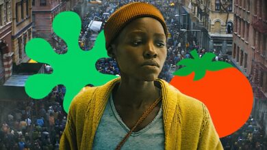 lupita nyong o looking sad against a vast crowd and rotten tomatoes logos in a quiet place day one custom image