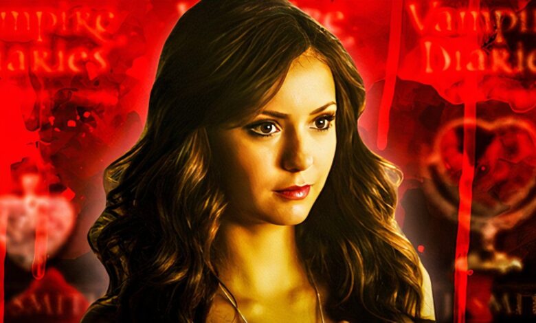 nina dobrev s elena in the vampire diaries against a red backdrop