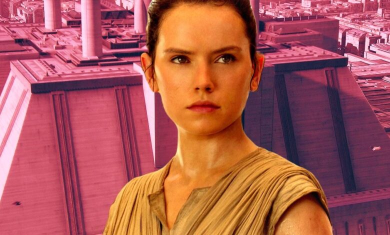 rey in front of the jedi temple