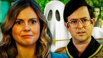 rose mciver s sam beside pete from cbs ghosts and a cartoon ghost