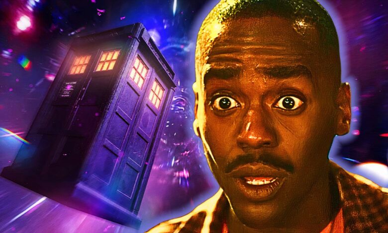 the doctor looks shocked next to the tardis in doctor who
