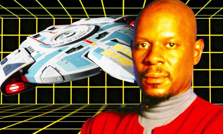 the uss defiant captain sisko and a holodeck background