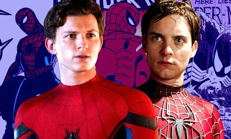 tom holland and tobey maguire as spider man in front of spider man comic covers