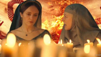 alicent and rhaenyra speaking in house of the dragon season 2 episdoe 3 with the fire blood book cover in the background