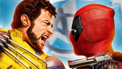 deadpool and wolverine fighting each other with the avengers flag