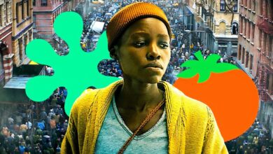 lupita nyong o looking sad against a vast crowd and rotten tomatoes logos in a quiet place day one custom image 1