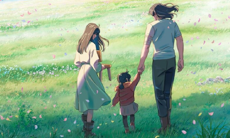suzume walking with a younger version of herself and souta